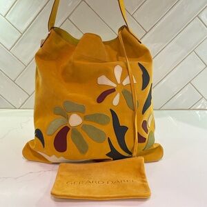 NWT Gerard Darel Mustard Floral Shoulder Bag with travel pouch, suede